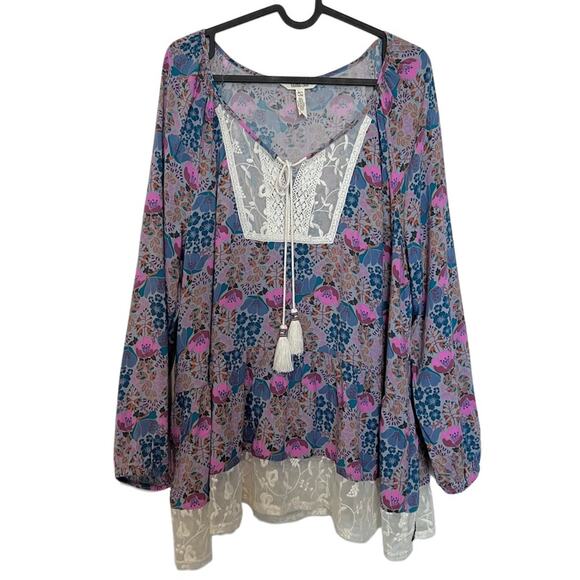 Matilda Jane Floral Print Lace Trim Boho Style Long Sleeve Blouse Size Large - Picture 1 of 9